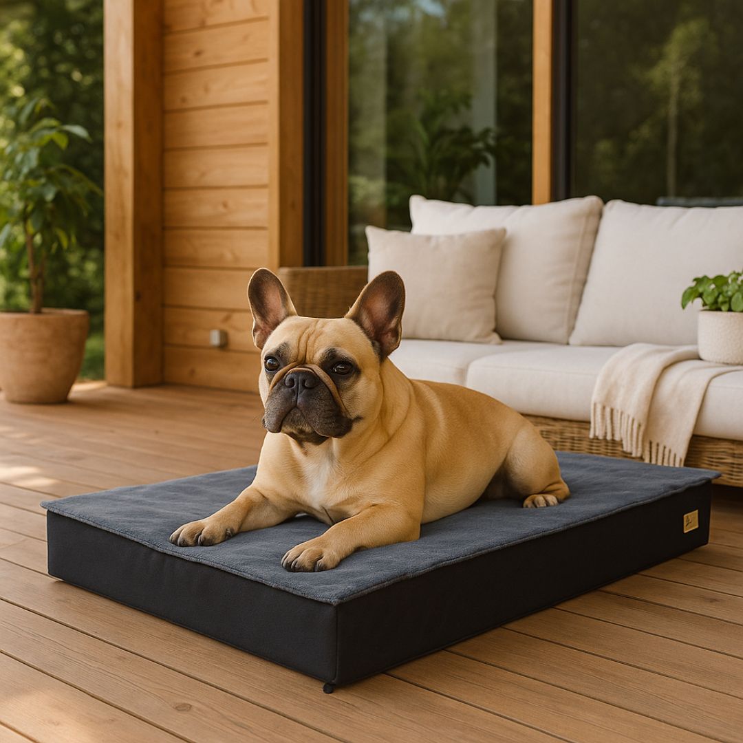 Lit-pour-chien-orthopédique-rectangulaire-un bouledogue français couché sur le ventre sur son matelas à mémoire de forme 100% coton haute densité sur la véranda à l'extérieur de la maison qui se repose et regarde les alentours