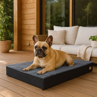Lit-pour-chien-orthopédique-rectangulaire-un bouledogue français couché sur le ventre sur son matelas à mémoire de forme 100% coton haute densité sur la véranda à l'extérieur de la maison qui se repose et regarde les alentours