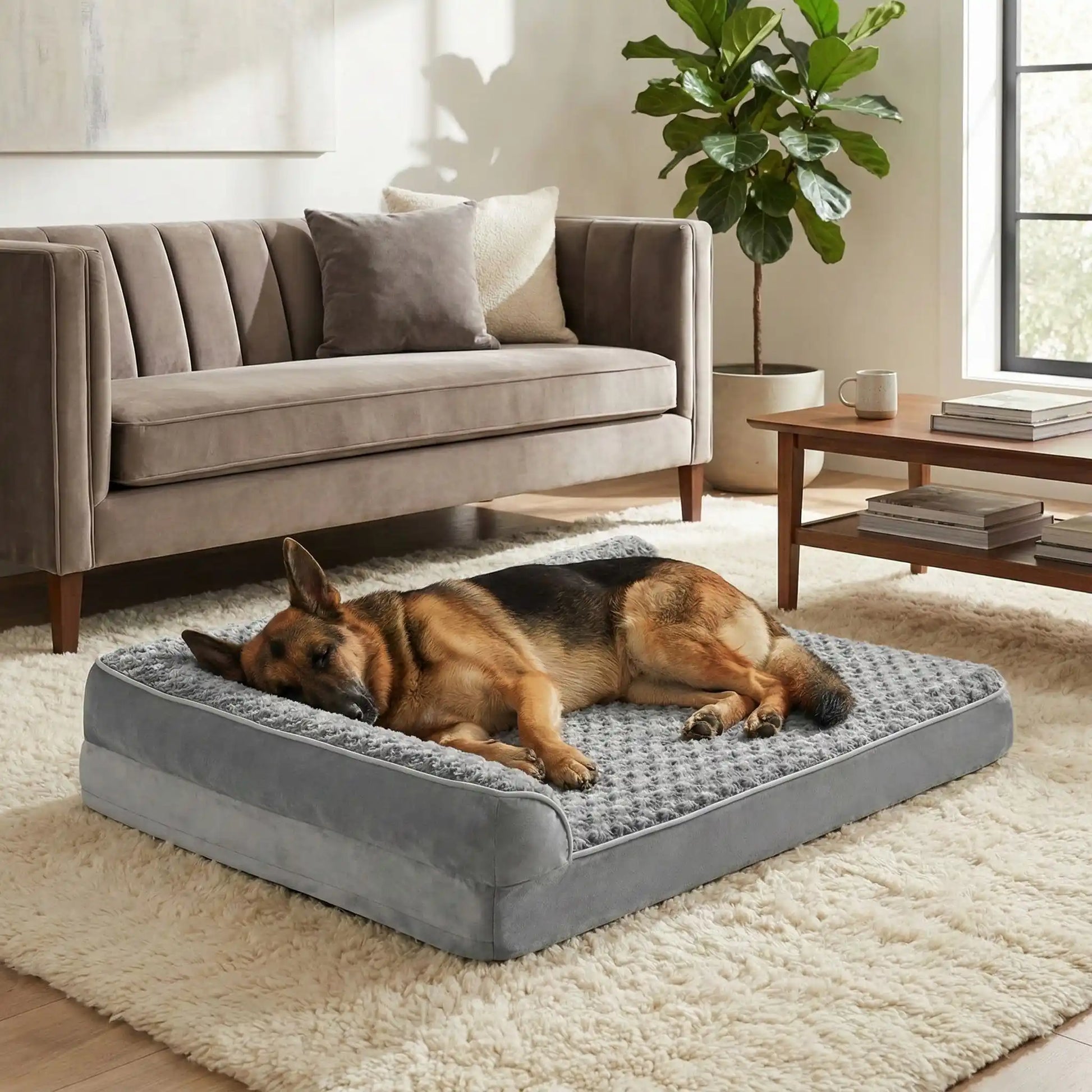 Lit-pour-chien-orthopédique-xl-antidérapant-imperméable-déhoussable-lavable en machine-résistant aux griffes et morsures légères pour grand chien et chiot jusqu'à 40 kg max-en velours côtelé et 100% Coton PP et deux traversin cylindriques rembourré en forme de L de couleur gris-un Berger Allemand qui dort paisiblement sur son lit orthopédique, la tête reposant dans le coin du L des deux traversins dans le salon de l'appartement