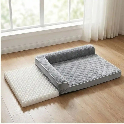 Lit-pour-chien-orthopédique-xl-antidérapant-imperméable-déhoussable-lavable en machine-résistant aux griffes et morsures légères pour grand chien et chiot jusqu'à 40 kg max-en velours côtelé et 100% Coton PP et deux traversin cylindriques rembourré en forme de L de couleur gris en forme de canapé avec les bords surélevés