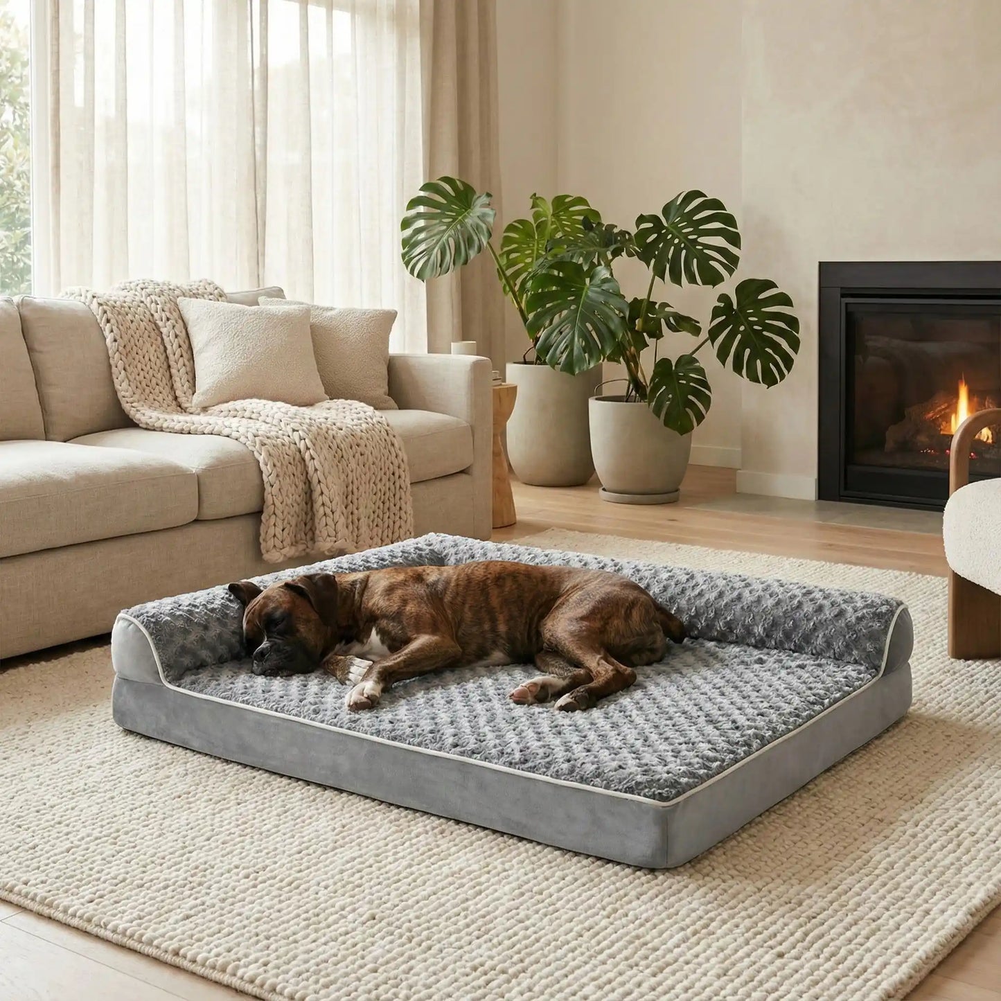 Lit-pour-chien-orthopédique-xl-antidérapant-imperméable-déhoussable-lavable en machine-résistant aux griffes et morsures légères pour grand chien et chiot jusqu'à 40 kg max-en velours côtelé et 100% Coton PP et deux traversin cylindriques rembourré en forme de L de couleur gris-un chien de taille moyenne qui dort paisiblement sur son lit orthopédique, la tête reposant dans le coin du L des deux traversins dans le salon de la maison