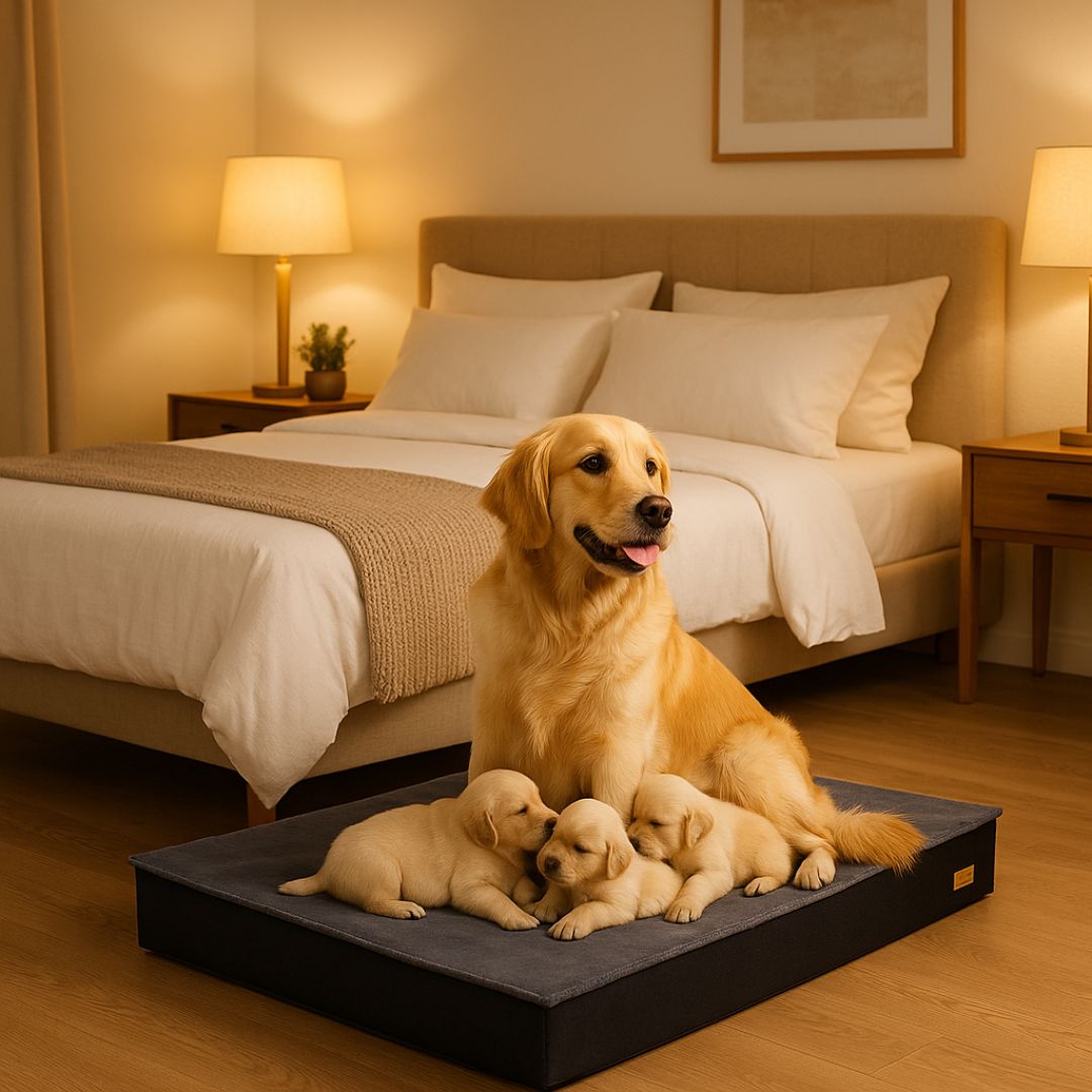 Lit-pour-chien-orthopédique-xxl-un chien adulte avec des chiots qui jouent sur le lit imperméable et résistant avec couverture amovible, déhoussable et lavable en machine dans la maison