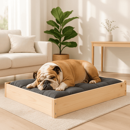 Lit-pour-chien-surélevé en bois de pin massif naturel non traité-avec sommier en latte en bois et cadre robuste en bois pour chien de petite à moyenne taille-respirant-solide-matériau nature-Un Bouledogue qui dort paisiblement sur son lit en bois massif avec cadre haut et son matelas gris dans le salon de l'appartement