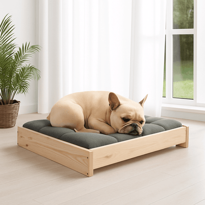 Lit-pour-chien-surélevé en bois de pin massif naturel non traité-avec sommier en latte en bois et cadre robuste en bois pour chien de petite à moyenne taille-respirant-solide-matériau naturel-Un Bouledogue français qui dort paisiblement sur son lit en bois massif avec cadre haut et son matelas gris dans le salon de la maison