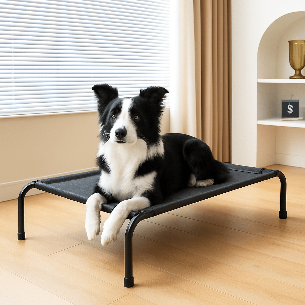 Lit-pour-chien-surélevé-lit camp chien en maille aérée et respirante pour toute saison-hygiénique-imperméable-ergonomique flexible et structure en acier solide et pieds antidérapant de couleur noir-un chien de taille moyenne et poils longs couché confortablement sur son lit hamac noir dans le salon de l'appartement