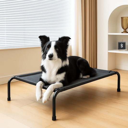 Lit-pour-chien-surélevé-lit camp chien en maille aérée et respirante pour toute saison-hygiénique-imperméable-ergonomique flexible et structure en acier solide et pieds antidérapant de couleur noir-un chien de taille moyenne et poils longs couché confortablement sur son lit hamac noir dans le salon de l'appartement