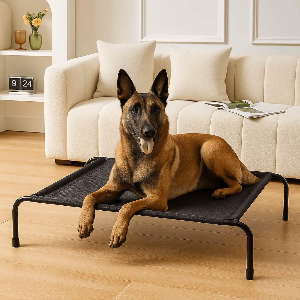 Lit-pour-chien-surélevé-t lit camp chien en maille aérée et respirante pour toute saison-hygiénique-imperméable-ergonomique flexible et structure en acier solide et pieds antidérapant de couleur noir-un chien moyen couché et heureux sur son lit hamac noir dans le salon de la maison
