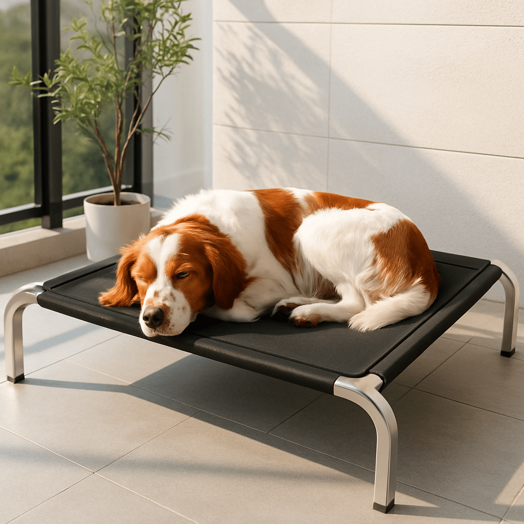 Lit-pour-chien-surélevé-t lit camp chien en maille aérée et respirante pour toute saison-hygiénique-imperméable-ergonomique flexible et structure en acier solide et pieds antidérapant de couleur noir-un chien moyen qui dort paisiblement en boule sur son lit hamac noir dans la véranda de la maison en été