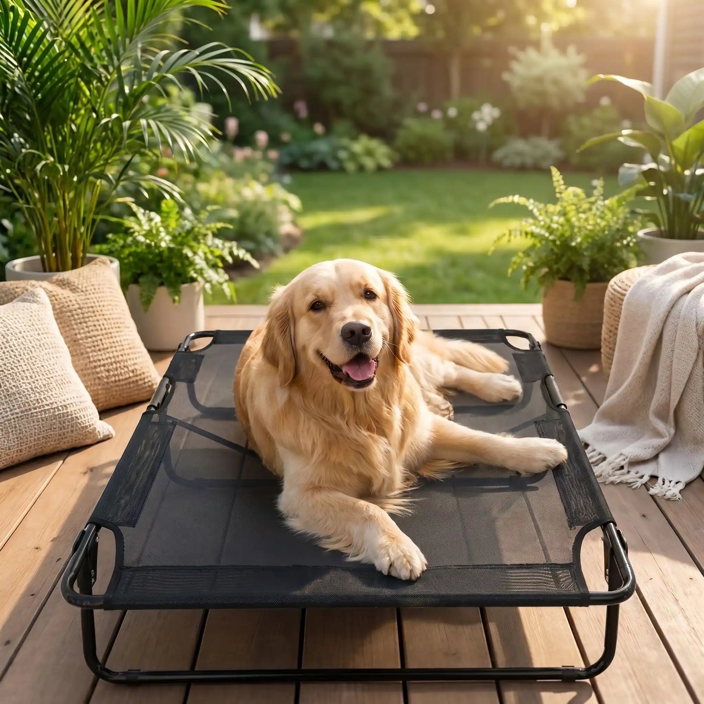 Lit_pliant-pour-chien-camps-extérieur et intérieur en maille respirante avec toile en tissu textilène robuste résistant au griffes, respirant anti poils et anti saletés pour un hamac avec poignée de transport et compact plié pour déplacements, voyage, vacances, randonnées ou à la maison, dans le jardin en été, etc, imperméable et ergonomique-un golden retriever couché confortablement et heureux sur son lit de camps rafraichissant taille L de 107 cm de long sur la terrasse de la maison en été