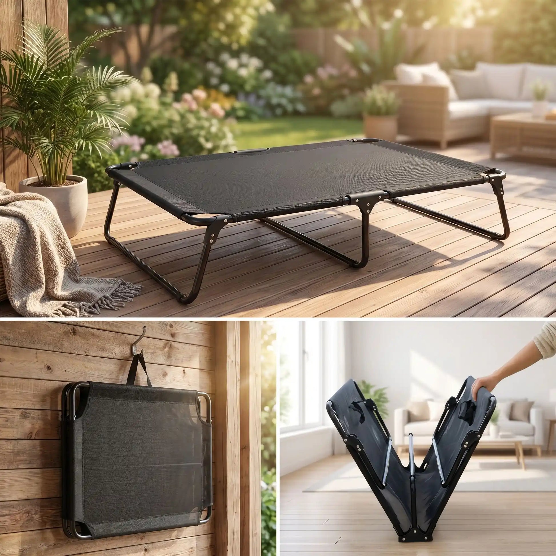 Lit_pliant-pour-chien-camps-extérieur et intérieur en maille respirante avec toile en tissu textilène robuste résistant au griffes, respirant anti poils et anti saletés pour un hamac avec poignée de transport et compact plié pour déplacements, voyage, vacances, randonnées ou à la maison, dans le jardin en été, etc, imperméable et ergonomique-gros plan sur le lit de camps surélevé en version déplié, plié et accroché sur le mur avec sa poignée de transport intégrée