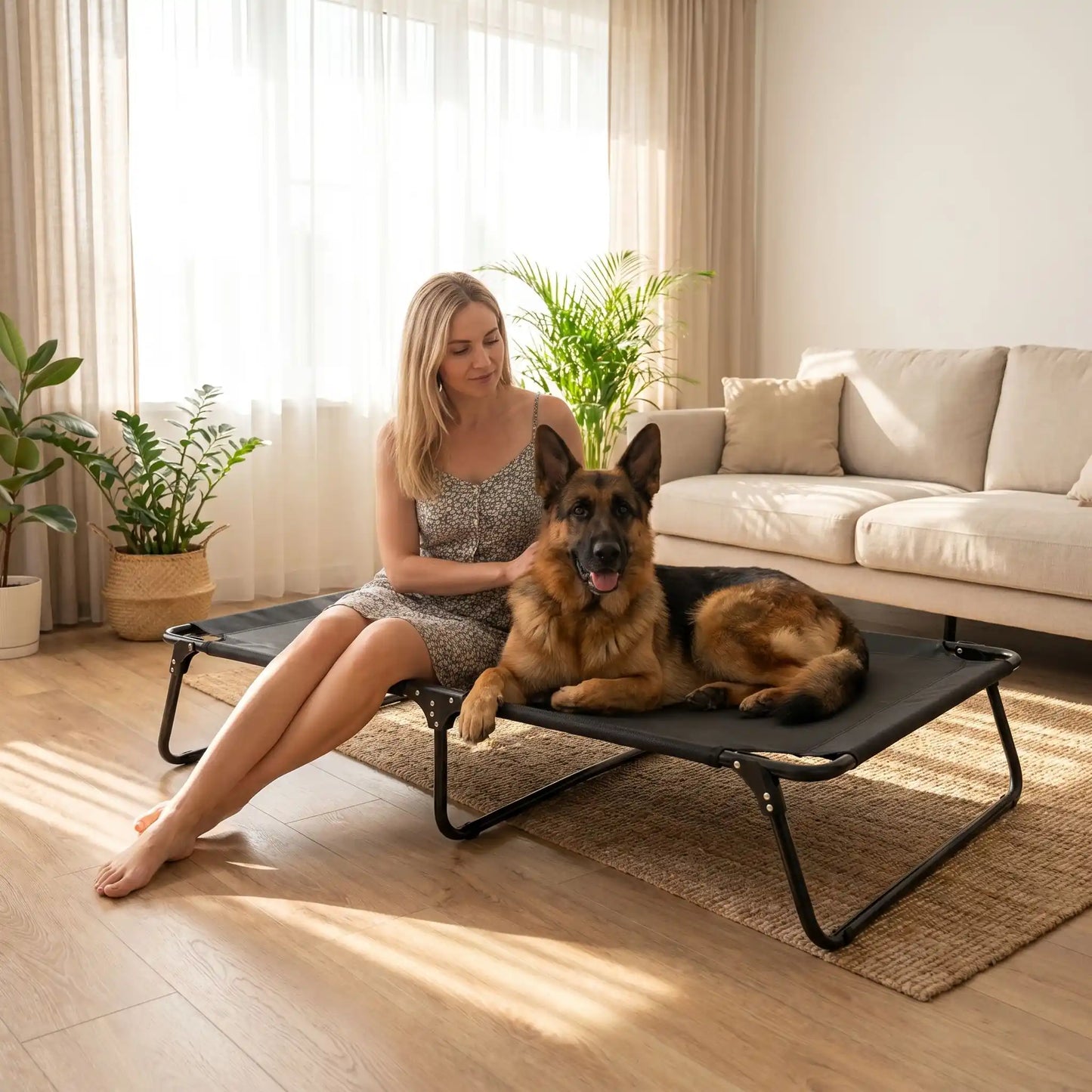 Lit_pliant-pour-chien-camps-extérieur et intérieur en maille respirante avec toile en tissu textilène robuste résistant au griffes, respirant anti poils et anti saletés pour un hamac avec poignée de transport et compact plié pour déplacements, voyage, vacances, randonnées ou à la maison, dans le jardin en été, etc, imperméable et ergonomique-un grand chien couché et sa maitresse assise à ses côté qui le caresse tendrement sur le lit xxl de camping pliable dans le salon de l'appartement en été