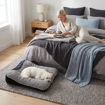 Lits-pour-chiens et chiots et solide, résistant aux griffes et morsures, tissu imperméable et velours doux , rembourrage 100% coton haute densité technologie anti-affaissement, antidérapant, matelas épais et ergonomique avec oreiller en couleur gris foncé, disponible en 4 tailles S,M,L et XL pour chiot et chien de 0 à 45 kg-un chien de race moyenne qui dort paisiblement sur le lit taille M hypoallergénique de couleur gris à côté du lit de sa maitresse qui lit allongée dans la chambre de l'appartement