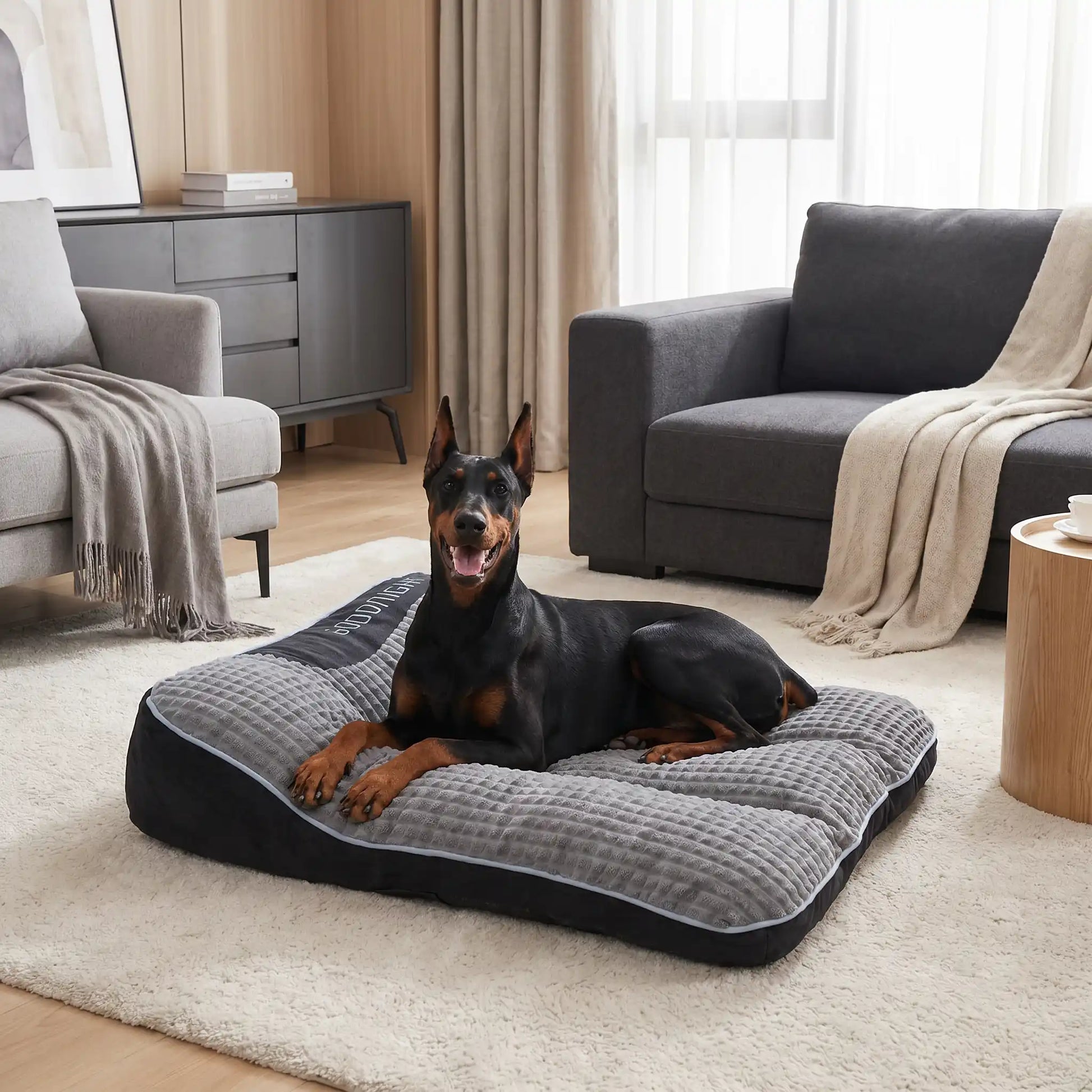 Lits-pour-chiens et chiots et solide, résistant aux griffes et morsures, tissu imperméable et velours doux , rembourrage 100% coton haute densité technologie anti-affaissement, antidérapant, matelas épais et ergonomique avec oreiller en couleur gris foncé, disponible en 4 tailles S,M,L et XL pour chiot et chien de 0 à 45 kg-un grand chien noir couché confortablement sur le lit taille xl hypoallergénique, solide, durable et moelleux de couleur gris foncé dans le salon de l'appartement