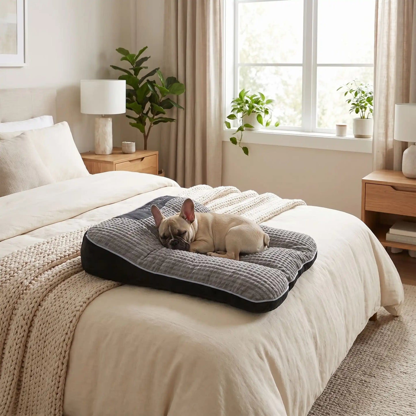 Lits-pour-chiens et chiots et solide, résistant aux griffes et morsures, tissu imperméable et velours doux , rembourrage 100% coton haute densité technologie anti-affaissement, antidérapant, matelas épais et ergonomique avec oreiller en couleur gris foncé, disponible en 4 tailles S,M,L et XL pour chiot et chien de 0 à 45 kg-un chien moyen qui dort paisiblement sur le lit taille M hypoallergénique de couleur gris posé sur lit de sa maitresse dans la chambre de l'appartement