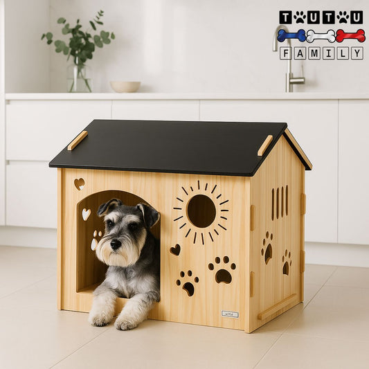 Maison-chien-intérieur-bois un petit chien couché confortablement dans sa niche en bois-assemblage facile et rapide sans outil lavable -lit-4-saisons