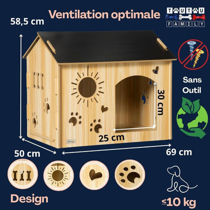 Maison-chien-intérieur-caractéristiques-dimensions-ouverture-design-pour-une-ventilation optimale et grande ouverture à l'avant, écoresponsable, écologique et naturel-pour chiot et petit chien jusqu'à 10 kg
