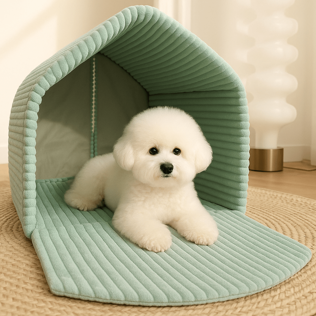 Maison-chien-interieur-chiot-niche-pliable et transportable antidérapante en velours et coton résistante avec sa structure en acier inoxydable avec attache solides et rapides avec double rideaux attachable et fermeture pour une version ouverte ou fermée-design et coutures soignées-un  chien de petite taille couché et heureux dans sa mini maison chaude version ouverte grise dans la chambre de l'appartement