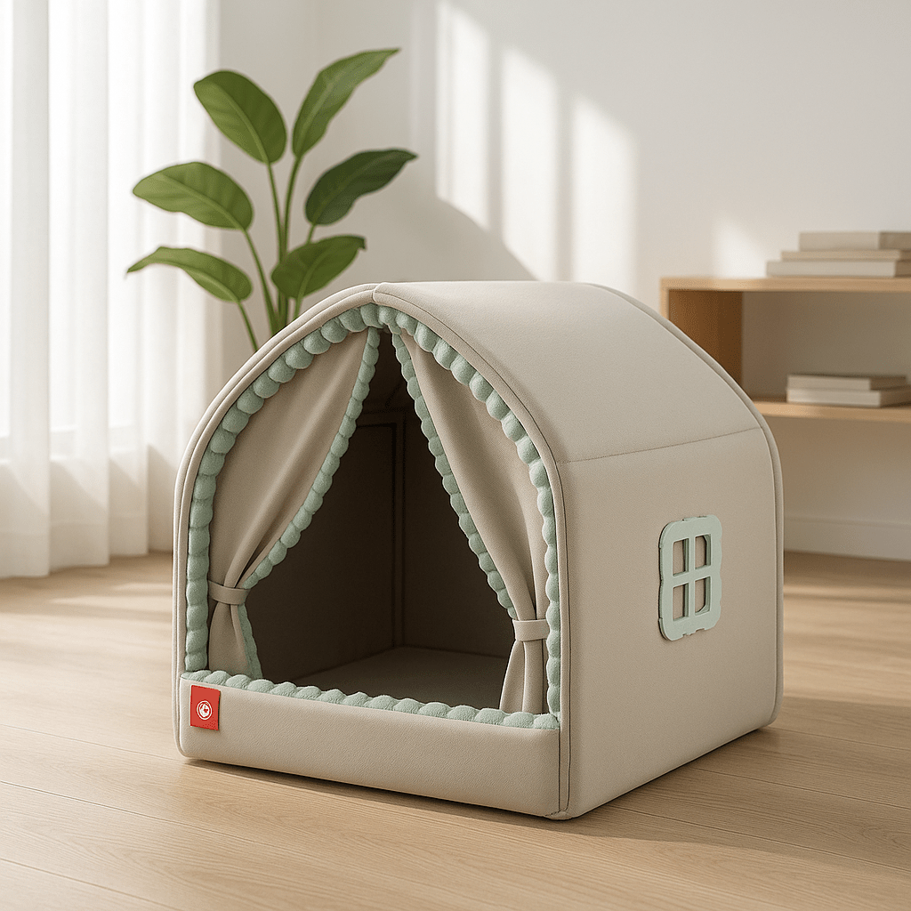 Maison-chien-interieur-chiot-niche-pliable et transportable antidérapante en velours et coton résistante avec sa structure en acier inoxydable avec attache solides et rapides avec double rideaux attachable et fermeture pour une version ouverte ou fermée-design et coutures soignées-disponible en 2 tailles S et M pour chien nain et de petite taille de 0 à 7 kilos de couleur grise