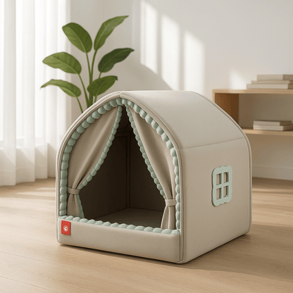 Maison-chien-interieur-chiot-niche-pliable et transportable antidérapante en velours et coton résistante avec sa structure en acier inoxydable avec attache solides et rapides avec double rideaux attachable et fermeture pour une version ouverte ou fermée-design et coutures soignées-disponible en 2 tailles S et M pour chien nain et de petite taille de 0 à 7 kilos de couleur grise