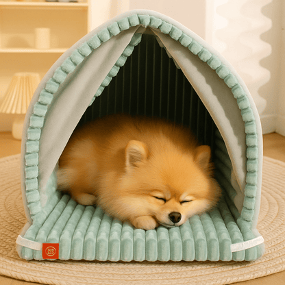 Maison-chien-interieur-chiot-niche-pliable et transportable antidérapante en velours et coton résistante avec sa structure en acier inoxydable avec attache solides et rapides avec double rideaux attachable et fermeture pour une version ouverte ou fermée-design et coutures soignées-un  Loulou de poméranie qui dort paisiblement dans sa mini maison chaude version ouverte sur le devant dans la chambre de l'appartement