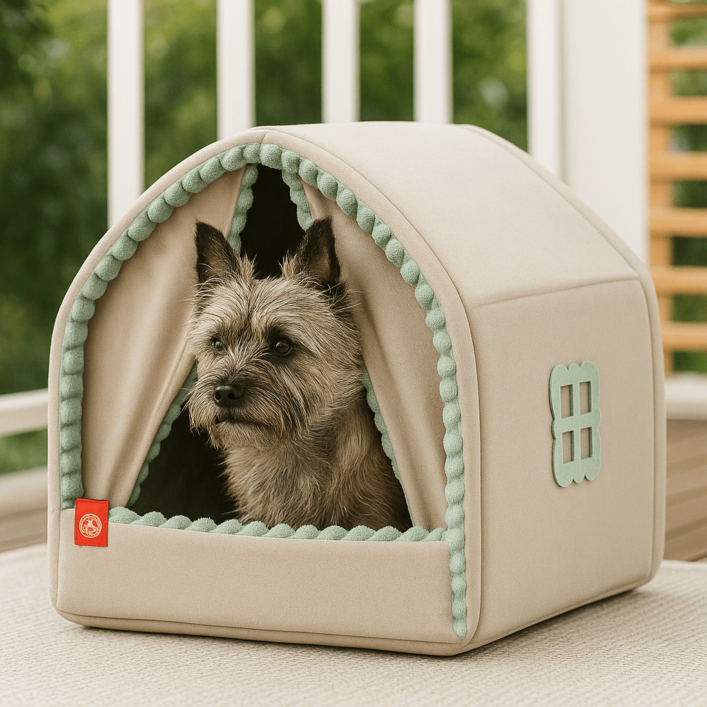Maison-chien-interieur-chiot-niche-pliable et transportable antidérapante en velours et coton résistante avec sa structure en acier inoxydable avec attache solides et rapides avec double rideaux attachable et fermeture pour une version ouverte ou fermée-design et coutures soignées-un  petit chien couché et heureux dans sa mini maison chaude version fermée grise sur la terrasse de la maison