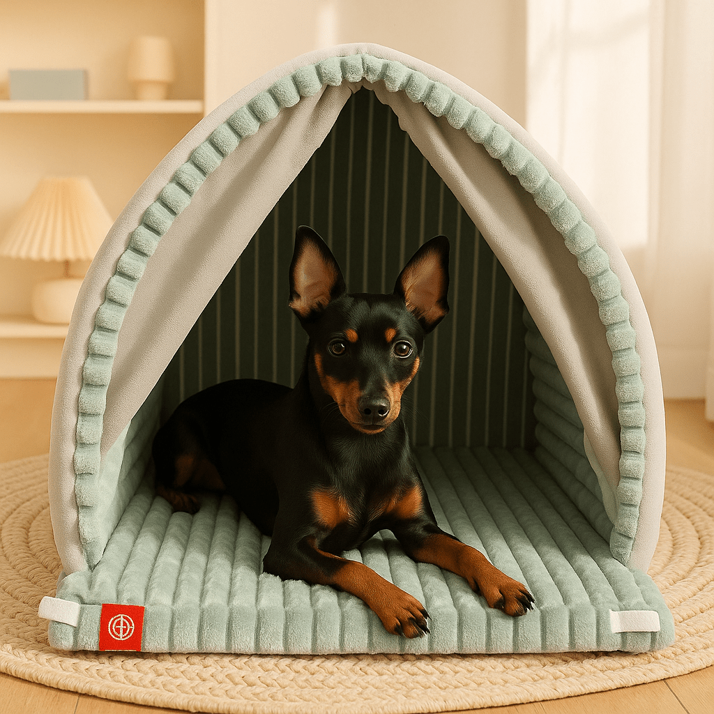 Maison-chien-interieur-chiot-niche-pliable et transportable antidérapante en velours et coton résistante avec sa structure en acier inoxydable avec attache solides et rapides avec double rideaux attachable et fermeture pour une version ouverte ou fermée-design et coutures soignées-un chien nain couché et heureux dans sa mini maison chaude version fermée ouverte sdans le salon de l'appartement