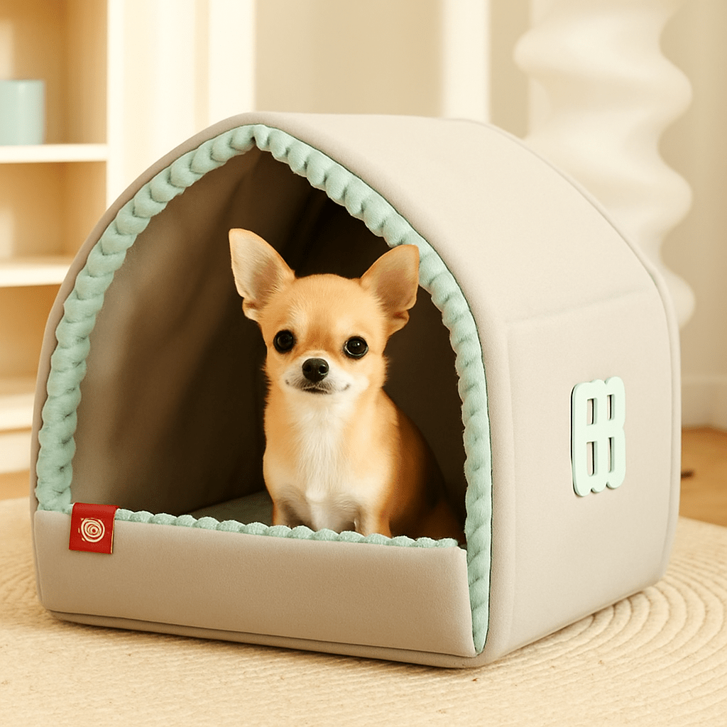 Maison-chien-interieur-chiot-niche-pliable et transportable antidérapante en velours et coton résistante avec sa structure en acier inoxydable avec attache solides et rapides avec double rideaux attachable et fermeture pour une version ouverte ou fermée-design et coutures soignées-un chien de race naine assis et heureux dans sa mini maison chaude version fermée grise dans la chambre de l'appartement