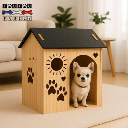 Maison-chien-intérieur-niche-chiot-petit-chien-chihuahua assis dans la niche bois design avec toit noir moderne et de multiples ouvertures sculptées soleil, pattes de chien et coeur