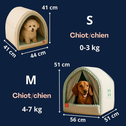 Maison-chien-interieur-chiot-niche-pliable et transportable antidérapante en velours et coton résistante avec sa structure en acier inoxydable avec attache solides et rapides avec double rideaux attachable et fermeture pour une version ouverte ou fermée-design et coutures soignées-disponible en 2 tailles pour chien de race naine et toy et de petite taille de 0 à 7 kilos