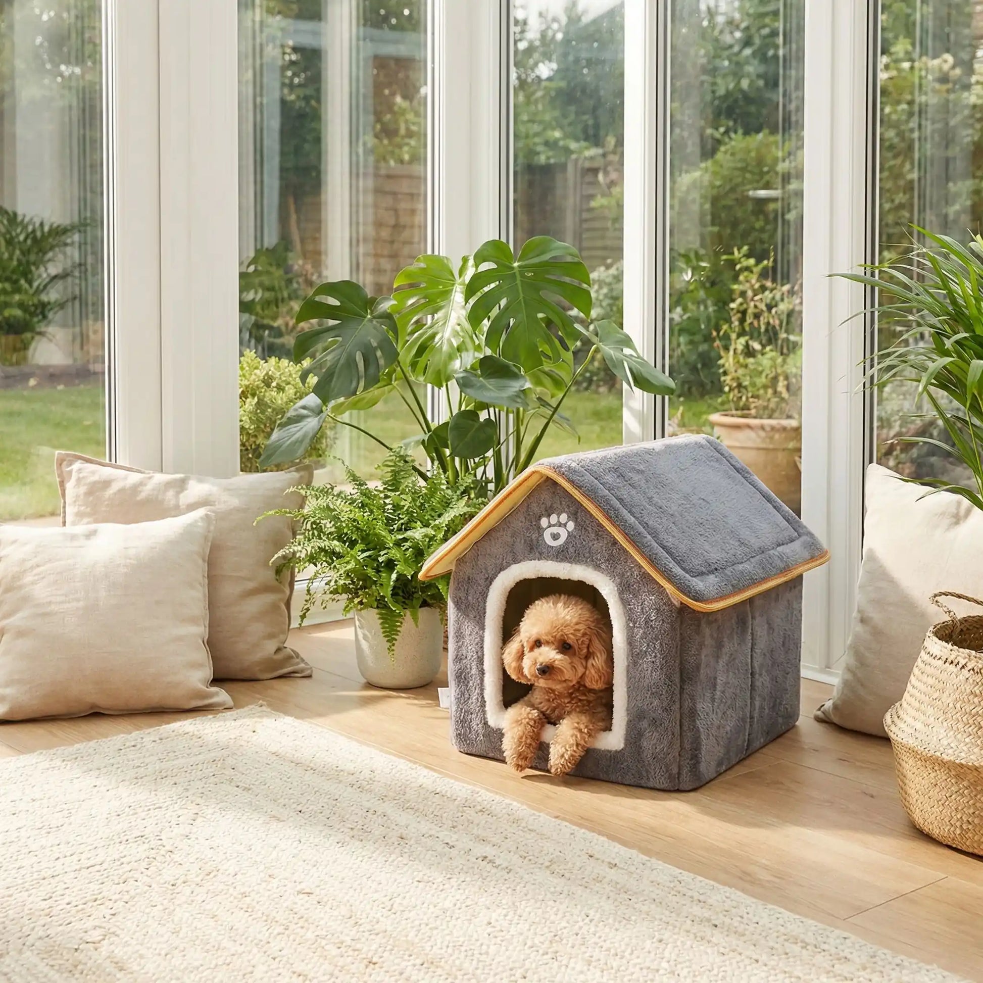 Maison-chien-intérieure-chiot-mini, pliable, légère et transportable, avec matériau isolant efficace contre le bruit et du froid, niche antidérapante, lavable en machine avec toit amovible, de couleur grise pour chiot et chien de 0 à 5 kg, disponible en taille XS et S- un caniche nain couché confortablement dans sa petite maison grise avec le design de pattes de chien mignon sur l'entrée de la niche avec toit rigide dans la véranda de la maison