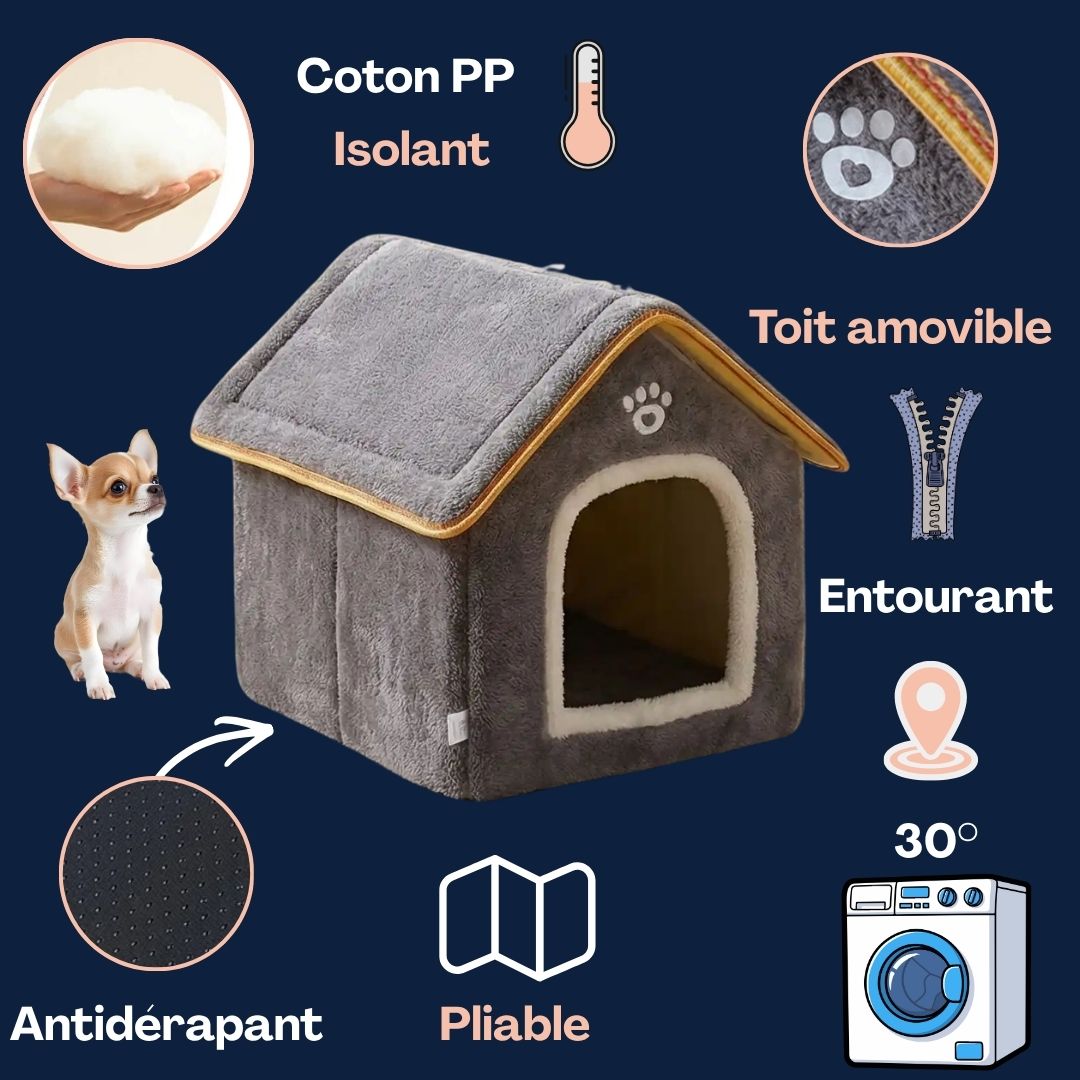 Maison-chien-intérieure-chiot-mini, pliable, légère et transportable, avec matériau isolant efficace contre le bruit et du froid, niche antidérapante, lavable en machine avec toit amovible, de couleur grise pour chiot et chien de 0 à 5 kg, disponible en taille XS et S- caractéristiques détaillées en photos et illustration de la mini niche pour chien