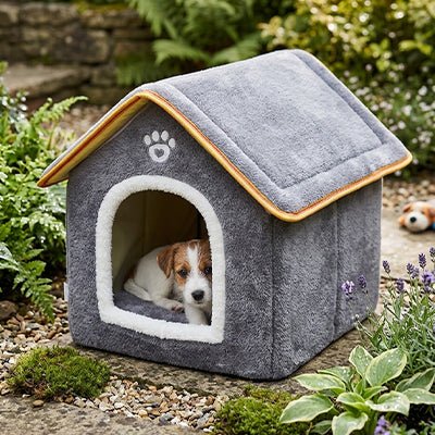 Maison-chien-intérieure-chiot-mini, pliable, légère et transportable, avec matériau isolant efficace contre le bruit et du froid, niche antidérapante, lavable en machine avec toit amovible, de couleur grise pour chiot et chien de 0 à 5 kg, disponible en taille XS et S- un chiot qui se niche dans sa petite maison grise avec le design de pattes de chien mignon sur l'entrée de la niche avec toit rigide dans le jardin de la maison 