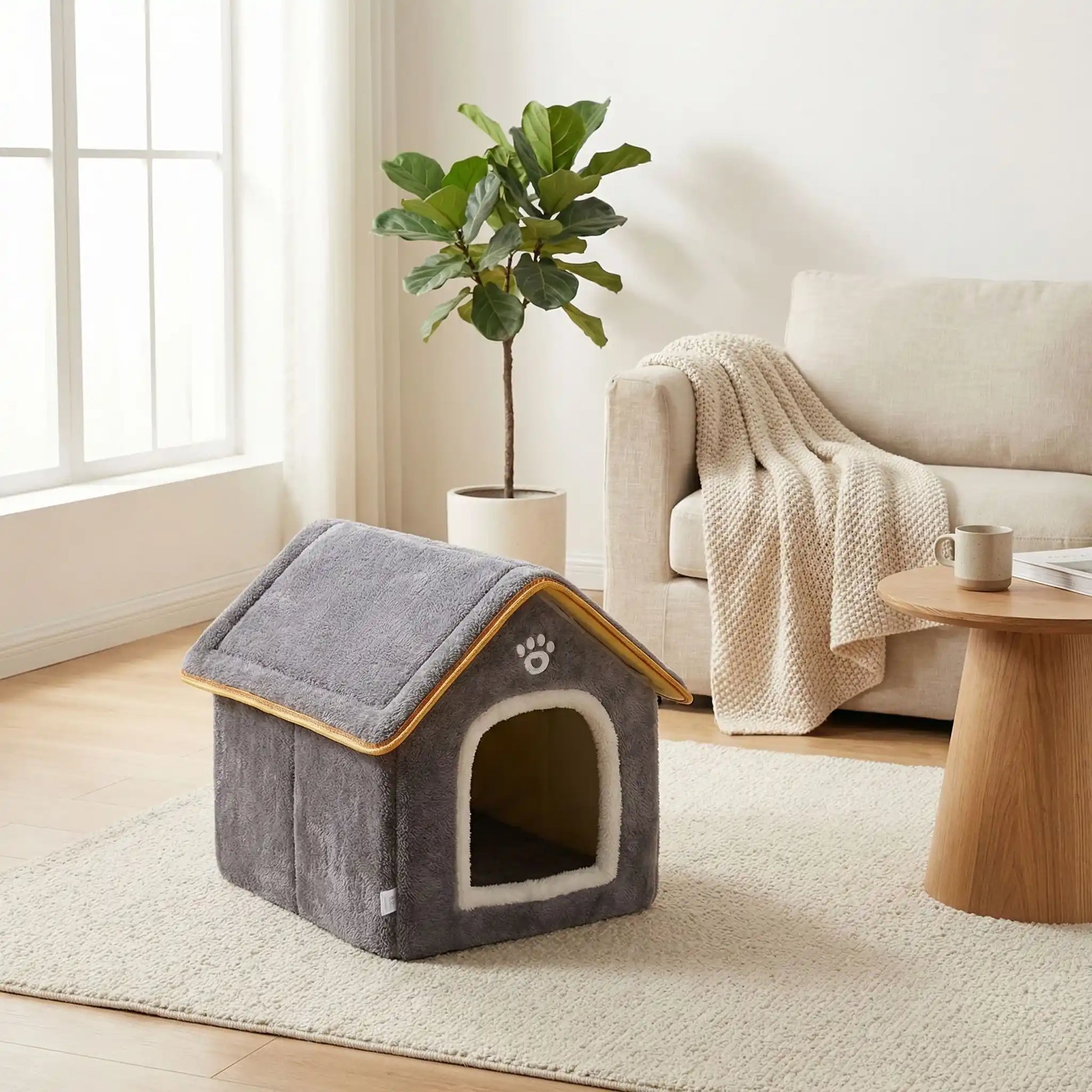 Maison-chien-intérieure-chiot-mini, pliable, légère et transportable, avec matériau isolant efficace contre le bruit et du froid, niche antidérapante, lavable en machine avec toit amovible, de couleur grise pour chiot et chien de 0 à 5 kg, disponible en taille XS et S- gros plan sur la petite niche pour petit chien, chihuahua, yorkshire, coton de tuléar, bichin maltais, etc. de couleur grise azvec toit ert mur droit dans le salon de l'appartement