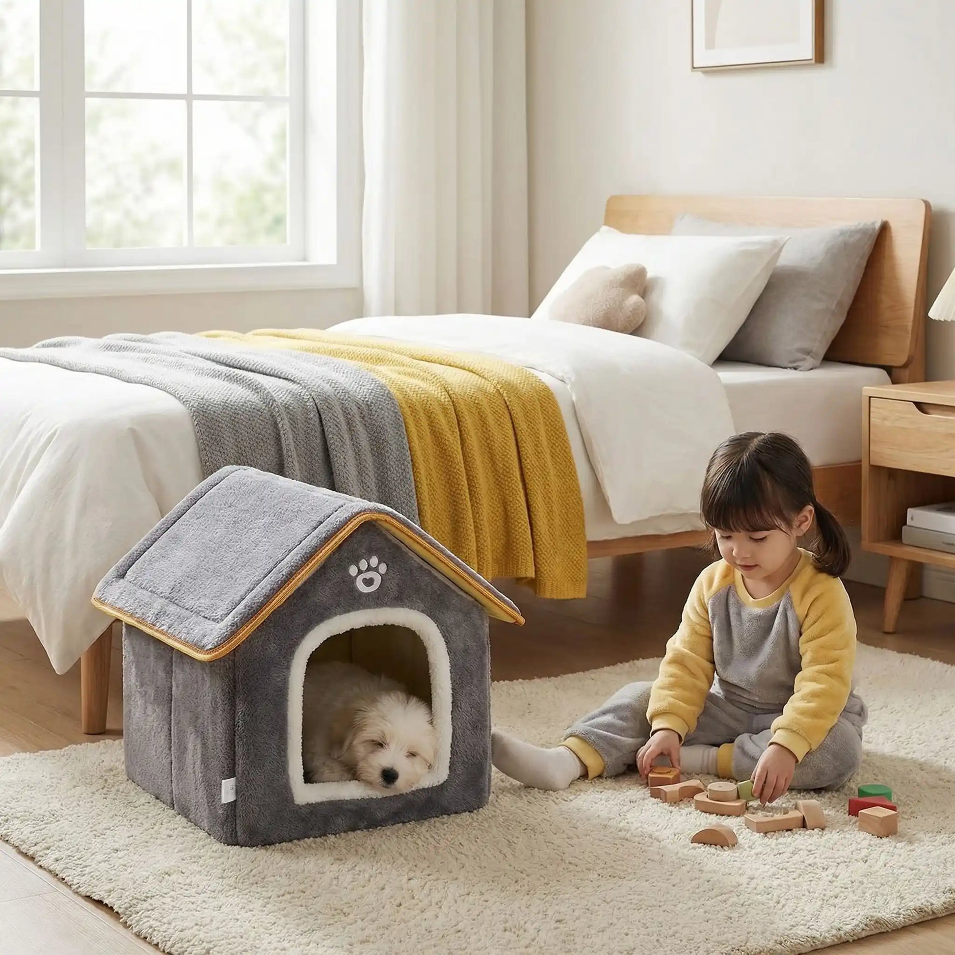 Maison-chien-intérieure-chiot-mini, pliable, légère et transportable, avec matériau isolant efficace contre le bruit et du froid, niche antidérapante, lavable en machine avec toit amovible, de couleur grise pour chiot et chien de 0 à 5 kg, disponible en taille XS et S- un petit chien blanc qui dort paisiblement dans la petite niche intérieure sur le sol de la chambre à côté d'une petite fille qui joue sur le sol à la dinette