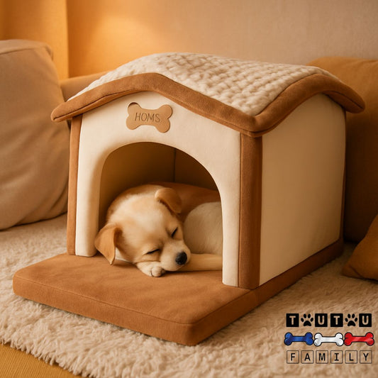 Maison-intérieure-pour-chien-chiot-niche-pour chien de petite taille-un chiot qui dort paisiblement en boule dans sa niche chaude et douillette avec matelas à mémoire de forme de couleur marron et beige