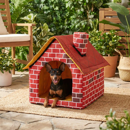 Maison-interieure-pour-chien-chiot-race-naine ou toy, lavable, antidérapant, design maison de brique rouge avec toit et cheminée-rigide installation rapide et démontable en quelques minutes pour chiot et chien de 0 à 3 kilos maximum-un Pinscher nain couché confortablement dans la mini niche en forme de maison sur la terasse du jardin de la maison 