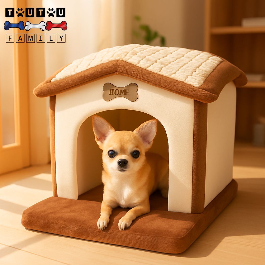 Maison-intérieure-pour-chien-coton-un chihuahua couché dans sa niche marron et beige pliable et lavable en machine déhoussable