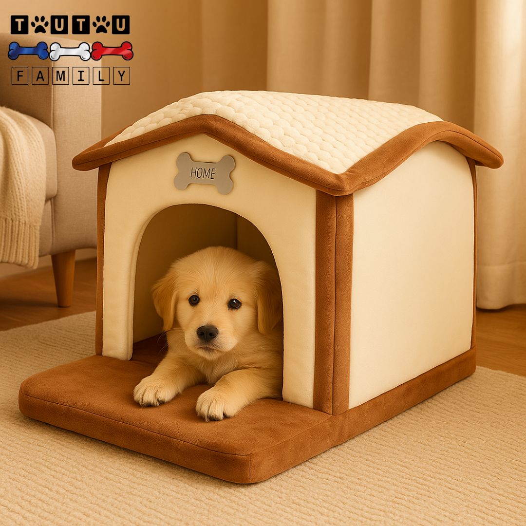 Maison-intérieure-pour-chien-de-petite-taille-un chiot couché que chaud dans sa niche avec matelas 100% coton à mémoire de forme lavable et déhoussable pour chiot et chien de petite taille