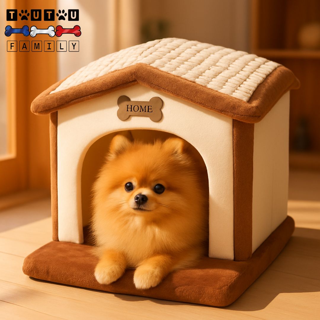 Maison-intérieure-pour-chien-lavable-pliable-un loulou de poméranie couché confortablement das sa niche avec marche chaude et douillette 100% coton haute densité pliable et lavable en machine avec matelas à mémoire de forme