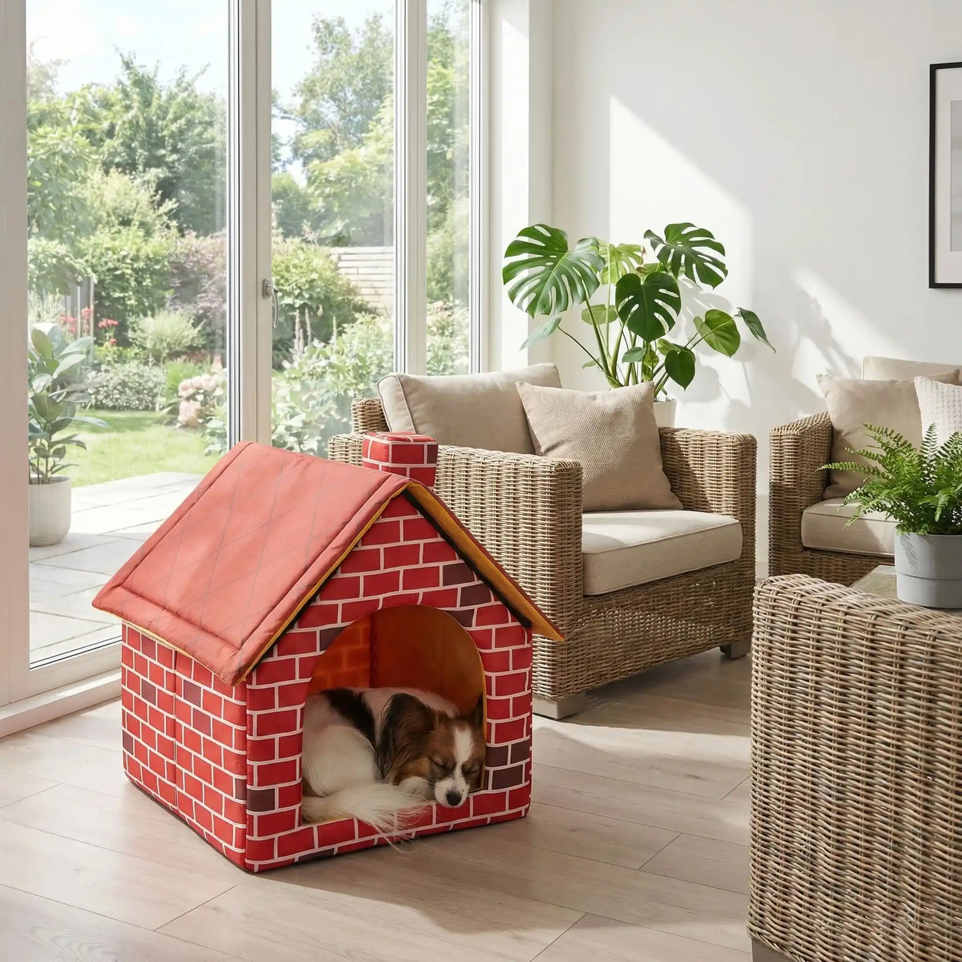 Maison-interieure-pour-chien-chiot-race-naine ou toy, lavable, antidérapant, design maison de brique rouge avec toit et cheminée-rigide installation rapide et démontable en quelques minutes pour chiot et chien de 0 à 3 kilos maximum-un épagneul papillon qui dort paisiblement dans la mini niche en forme de maison dans la véranda de la maison