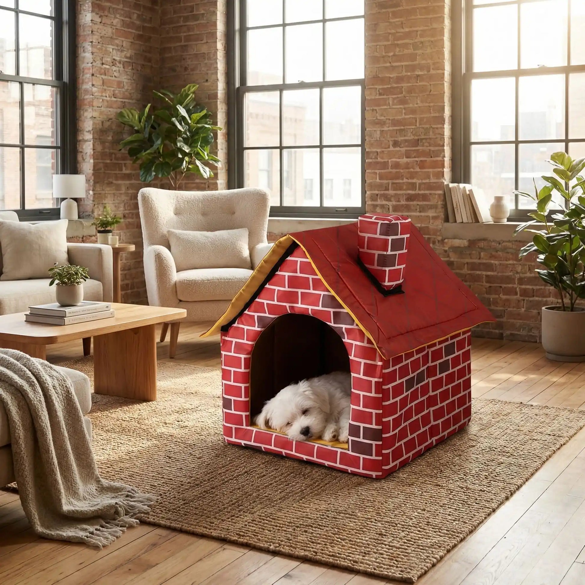 Maison-interieure-pour-chien-chiot-race-naine ou toy, lavable, antidérapant, design maison de brique rouge avec toit et cheminée-rigide installation rapide et démontable en quelques minutes pour chiot et chien de 0 à 3 kilos maximum-un chiot Westie couché confortablement dans la mini niche en forme de maison dans le salon du loft 