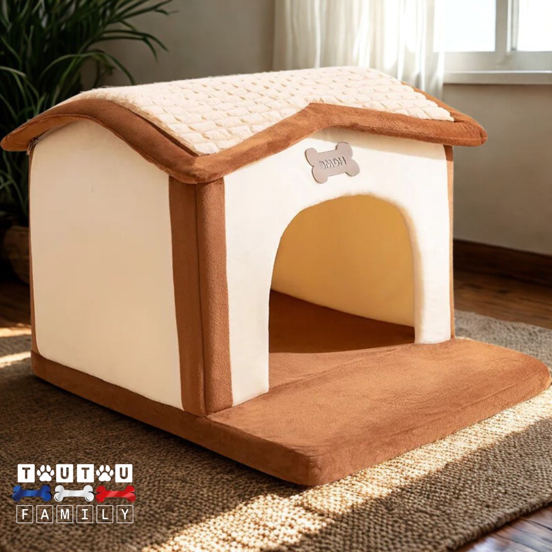 Maison-interieure-pour-chien-niche-chiot-avec marche en terrasse pour chien de petite taille et chiot-déhoussable et lavable en machine 100% coton haute densité de couleur marron et beige