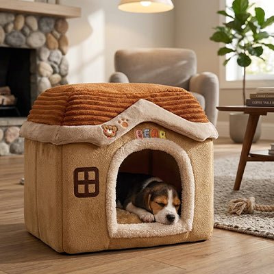 Maison-interieure-pour-chien-chiot-lavable, antidérapant, pliable avec toit, déhoussable et lavable en machine avec son coussin intérieur amovible au rembourrage 100% coton haute densité pour chiot et chien de petite race et petite taille de 0 à 4 kilos- un chiot de race moyenne qui dort paisiblement dans la mini niche pour chien sur le coussin intérieur en velours doux de couleurs marron et beige dans le salon de l'appartement