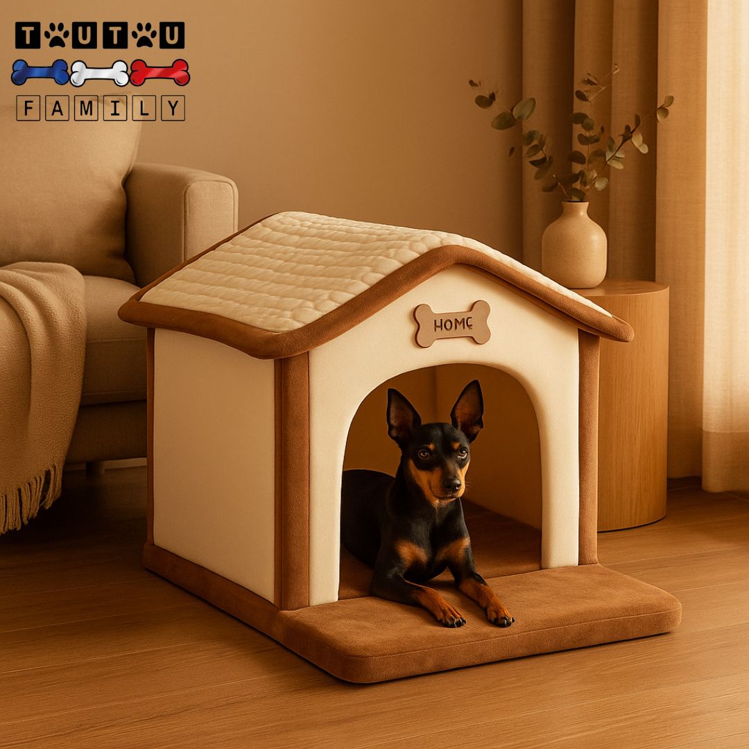 Maison-intérieure-pour-chien-pliable-un Pinscher nain couché sur le ventre, les pattes reposant sur la marche de la niche douillette et chaude déhoussable et lavable en éponge 100% coton haute densité à mémoire de forme pour chien de petite taille
 