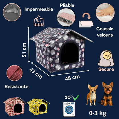 Maison-pour-chien-chiot-imperméable, pliable, démontable, légère, transportable, antidérapante, lavable en machine avec coussin interieur velours pour race de petite taille et de race miniature ou toy de 0 à 3 kg-caractéristiques détaillées de la mini maison pour les petites races de chien en photo et illustrations