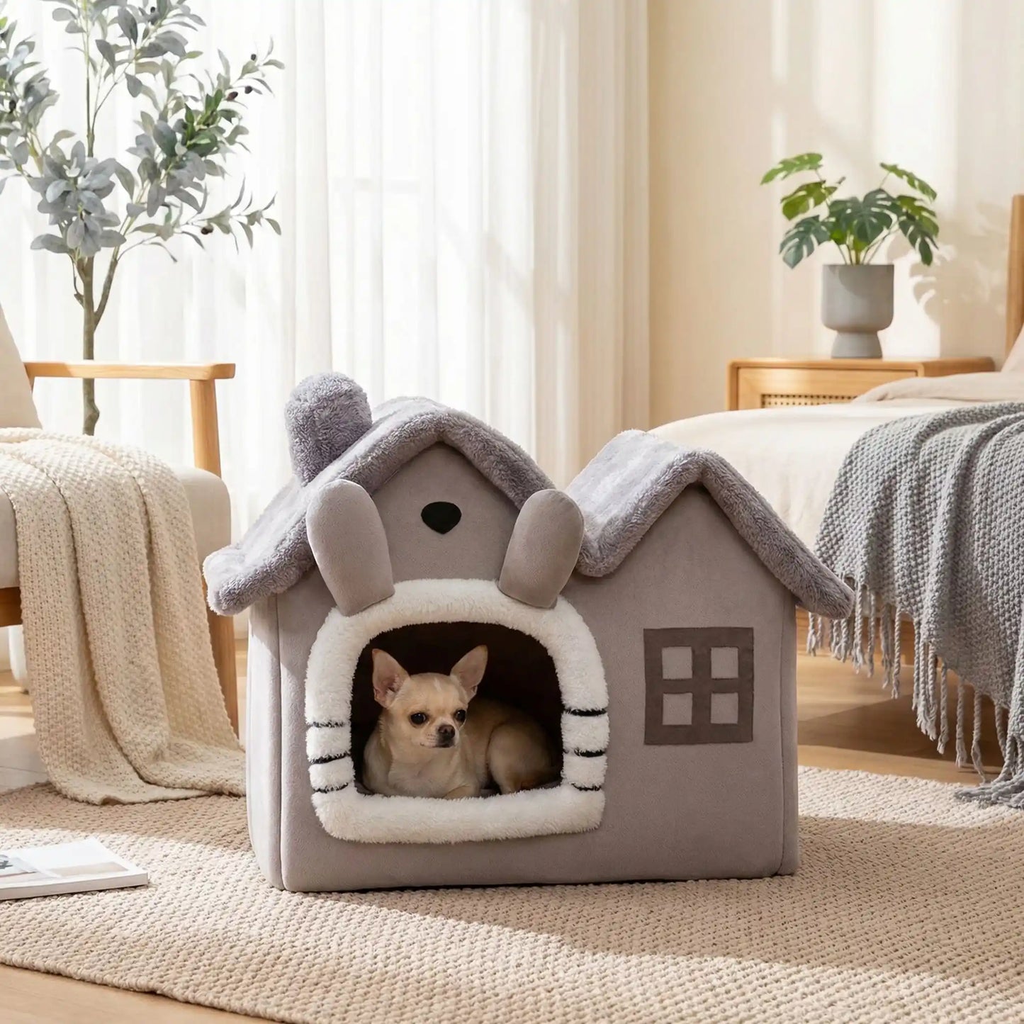 Maison-pour-chien-interieur-anti-stress, démontable, dehoussable et lavable en machine,chaude et douillette en velours,et rembourrage 100% coton haute densité, coussin intérieur éapis et ergonomique amovible et lavable, en velours doux, pliable et transportable,compact et légère pour chien de petite taille de 0 à 5 kilos max-un chihuahua niché dans sa petite maison taille XS de couleur grise, qui observe paisiblement son environnement dans le salon de l'appartement 