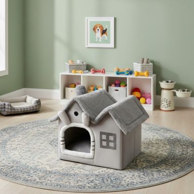 Maison-pour-chien-interieur-anti-stress, démontable, dehoussable et lavable en machine,chaude et douillette en velours,et rembourrage 100% coton haute densité, coussin intérieur éapis et ergonomique amovible et lavable, en velours doux, pliable et transportable,compact et légère pour chien de petite taille de 0 à 5 kilos max-deux modèle XS et S de couleur grise avec son double toit et le design de fenêtre et ouverture facile d'accès dans la chambre de l'appartement
