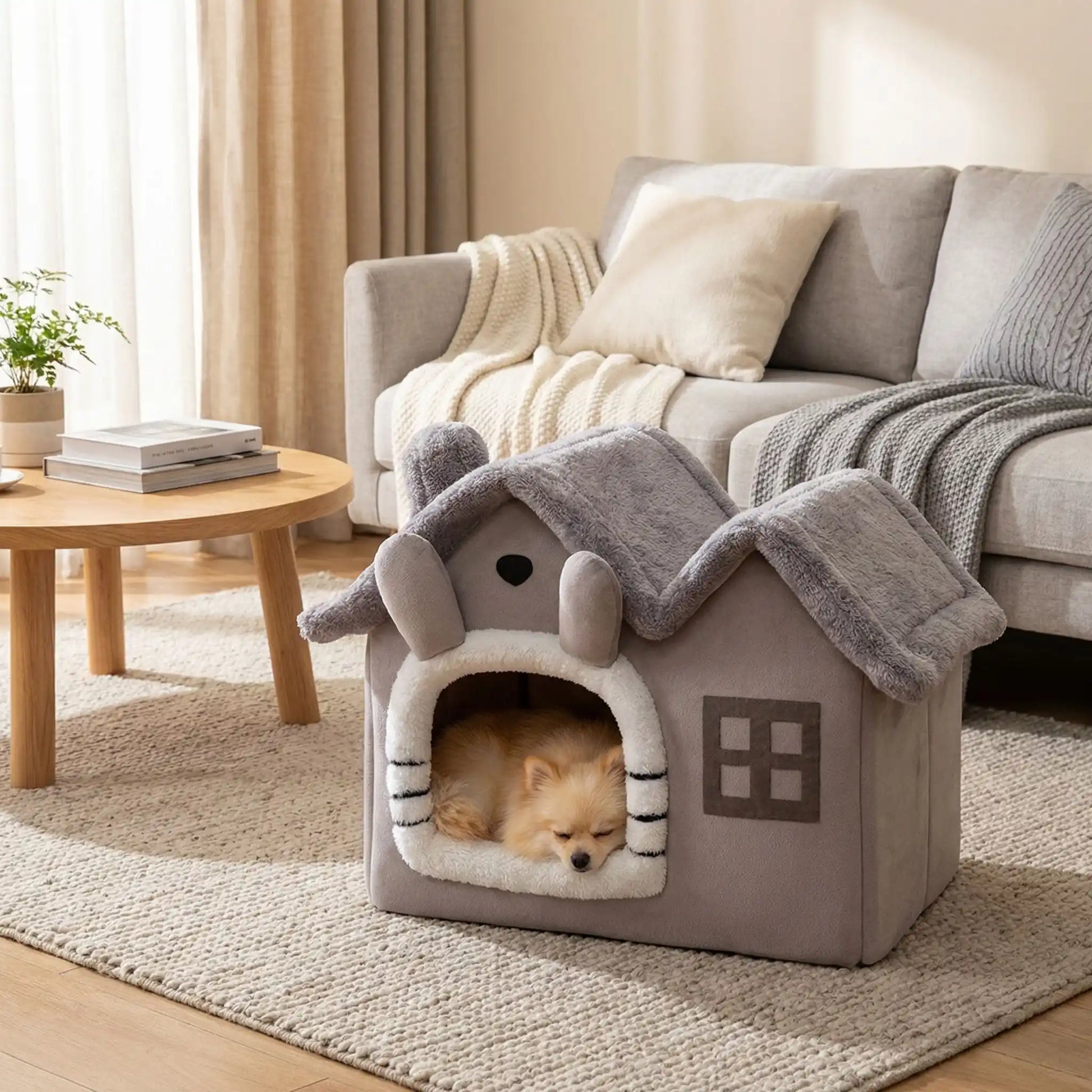 Maison-pour-chien-interieur-anti-stress, démontable, dehoussable et lavable en machine,chaude et douillette en velours,et rembourrage 100% coton haute densité, coussin intérieur éapis et ergonomique amovible et lavable, en velours doux, pliable et transportable,compact et légère pour chien de petite taille de 0 à 5 kilos max-un chien de race miniature qui dort paisiblement dans sa petite maison taille S de couleur grise au design mignon et original avec ses oreilles sur le toit dans le salon de la maison