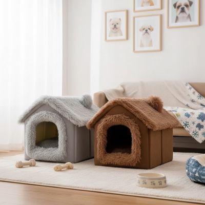Maison-pour-chien-interieur-anti-stress, démontable, dehoussable et lavable en machine,chaude et douillette en velours,et rembourrage 100% coton haute densité, coussin intérieur éapis et ergonomique amovible et lavable, en velours doux, pliable et transportable,compact et légère pour chien de petite taille de 0 à 5 kilos max-deux coloris disponible marron ou gris, et deux taiulles XS et S