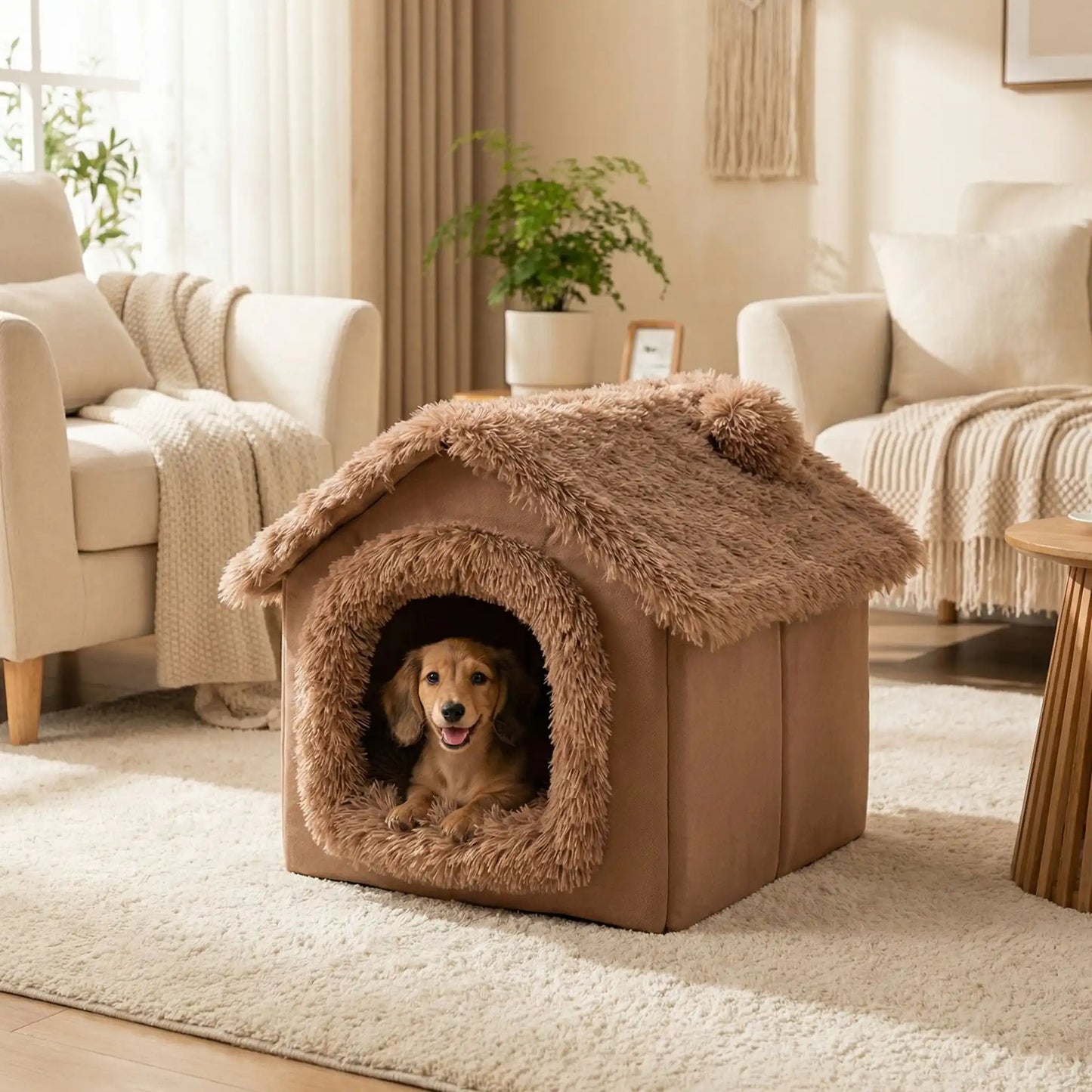 Maison-pour-chien-interieur-anti-stress, démontable, dehoussable et lavable en machine,chaude et douillette en peluche,et rembourrage 100% coton haute densité, coussin intérieur épais double-face: été et hiver et ergonomique amovible et lavable, en velours doux, pliable et transportable,compact et légère pour chien de petite taille de 0 à 5 kilos max-un chien de race mliniature heureux niché dans sa petite maison taille S de couleur marron au chaud dans le salon de la maison